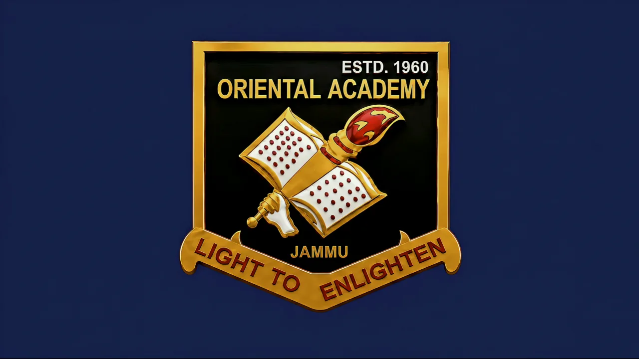 The heraldic crest of Oriental Academy: Estd. 1960, Light to Enlighten.