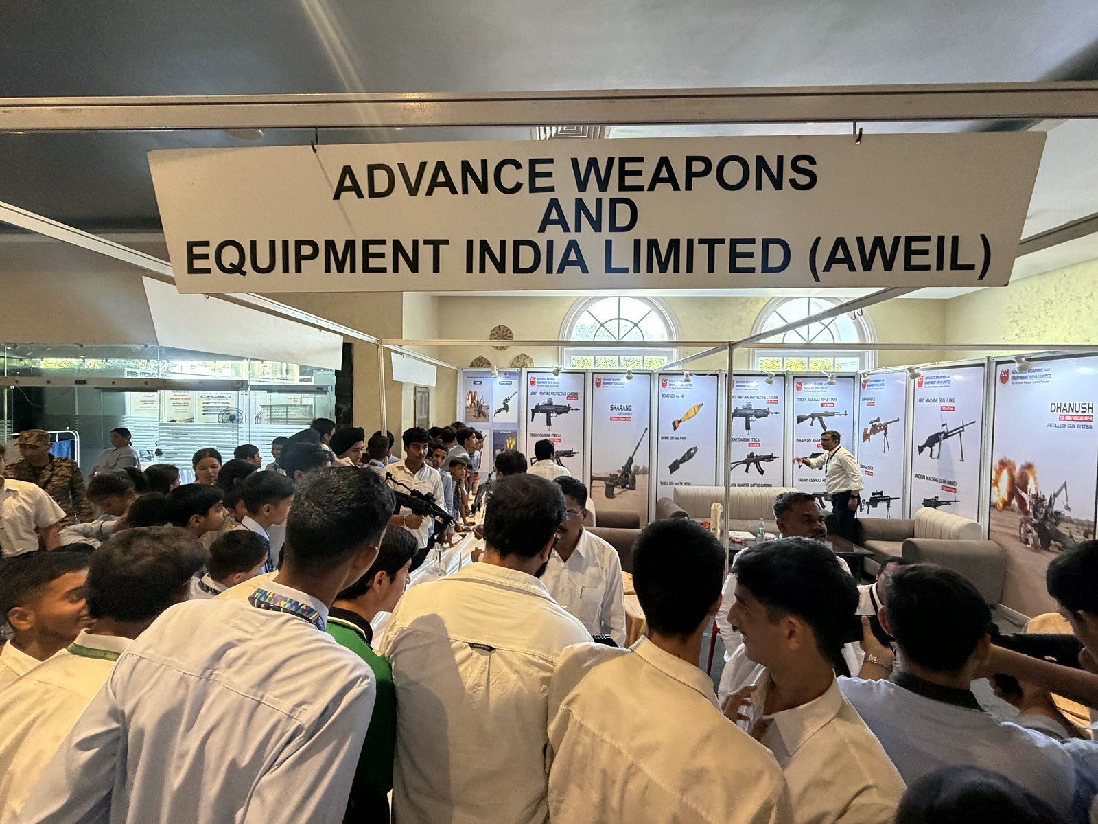 Students crowding the Advanced Weapons and Equipment India Limited stall