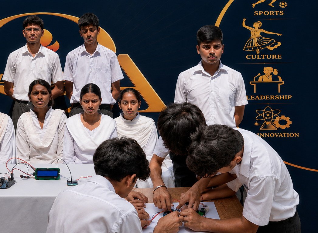 Senior students leaning over a table, wiring a circuit on a breadboard beside a microcontroller and a display module