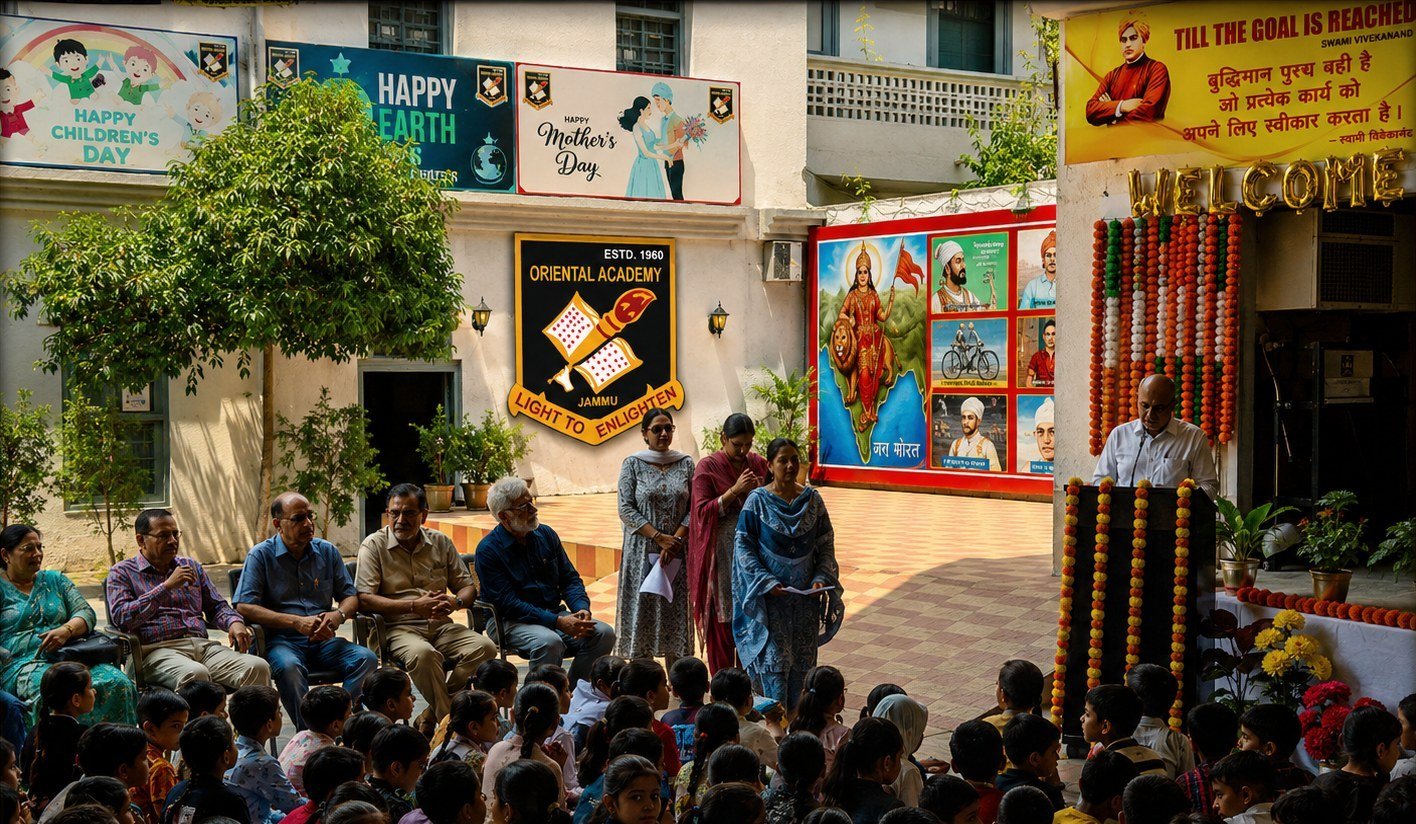 A school assembly in the courtyard at Oriental Academy, Jammu, children seated before the stage