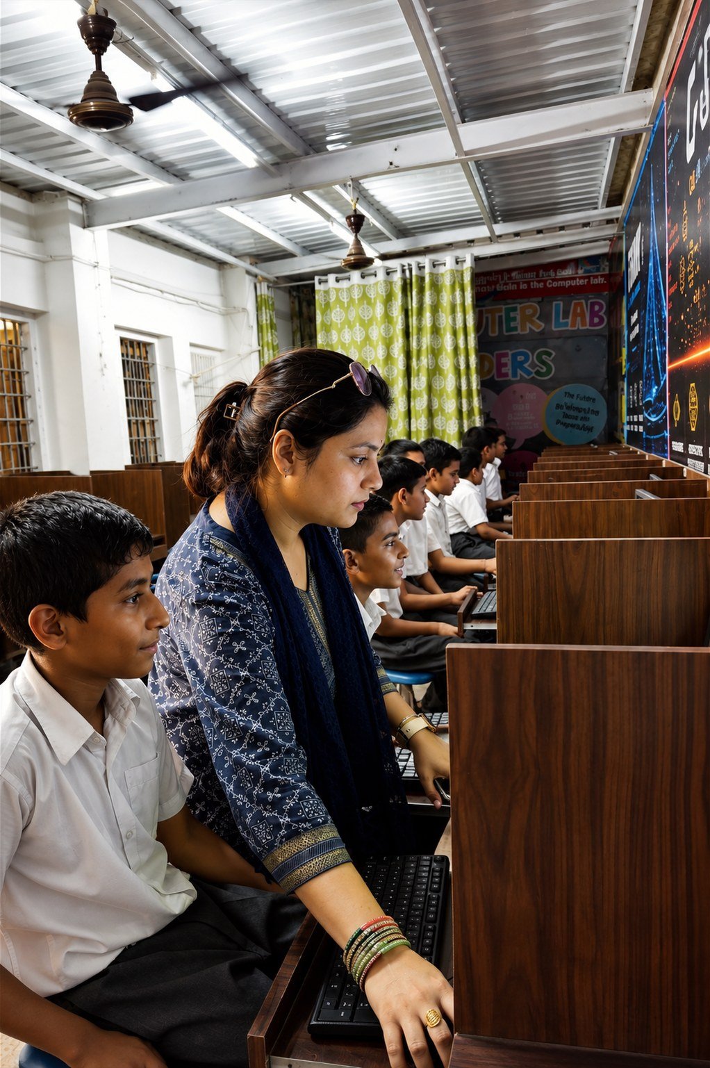 A teacher helping a student at a terminal in the Oriental Academy computer lab
