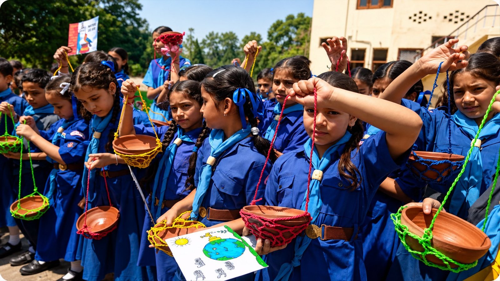 Cubs and Bulbuls holding up terracotta water bowls slung in the macrame nets they knotted themselves