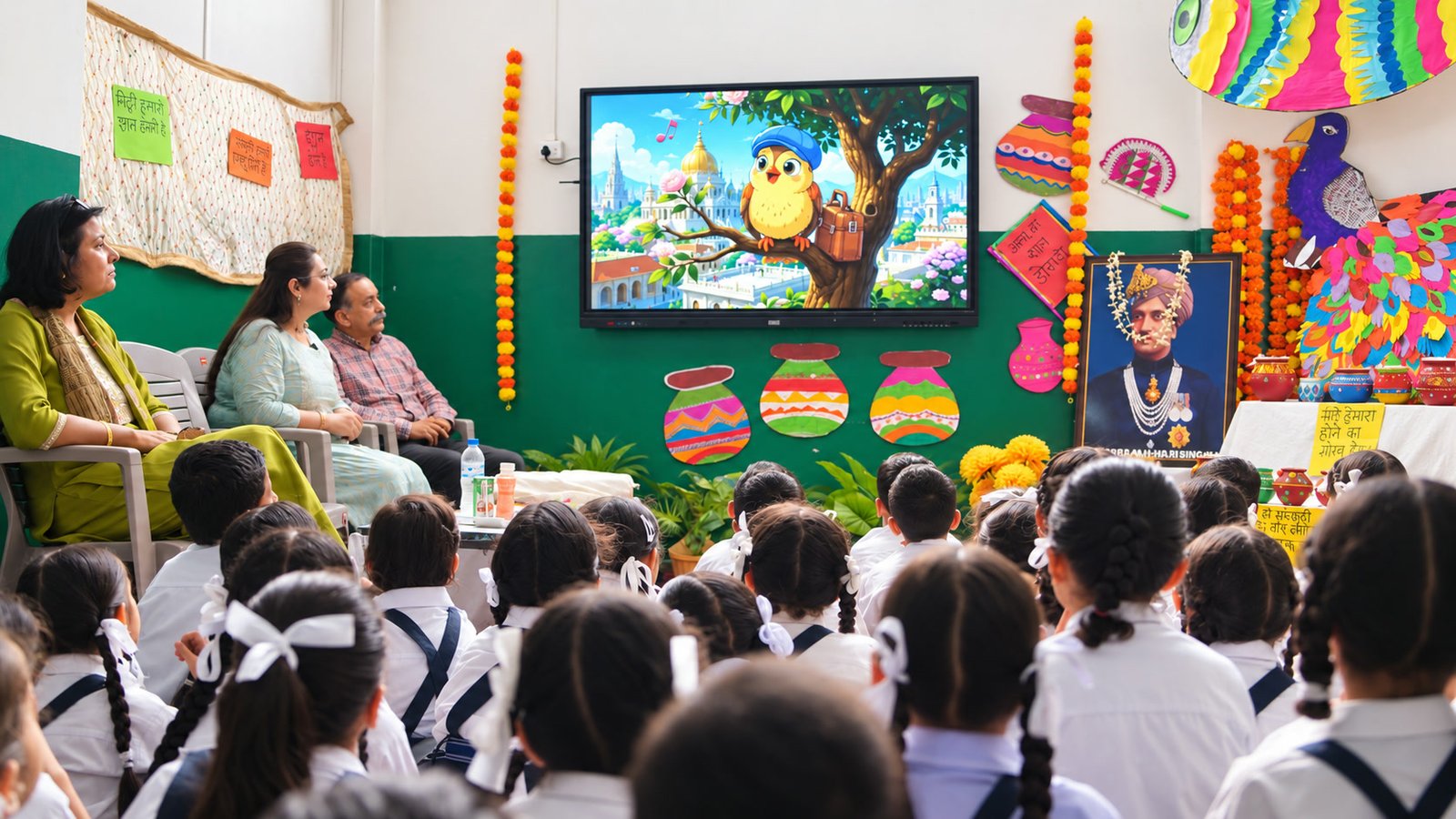 Junior students seated on the floor facing the smart board at a school programme, three teachers seated at the side, a garlanded portrait of Maharaja Hari Singh and painted clay pots on display