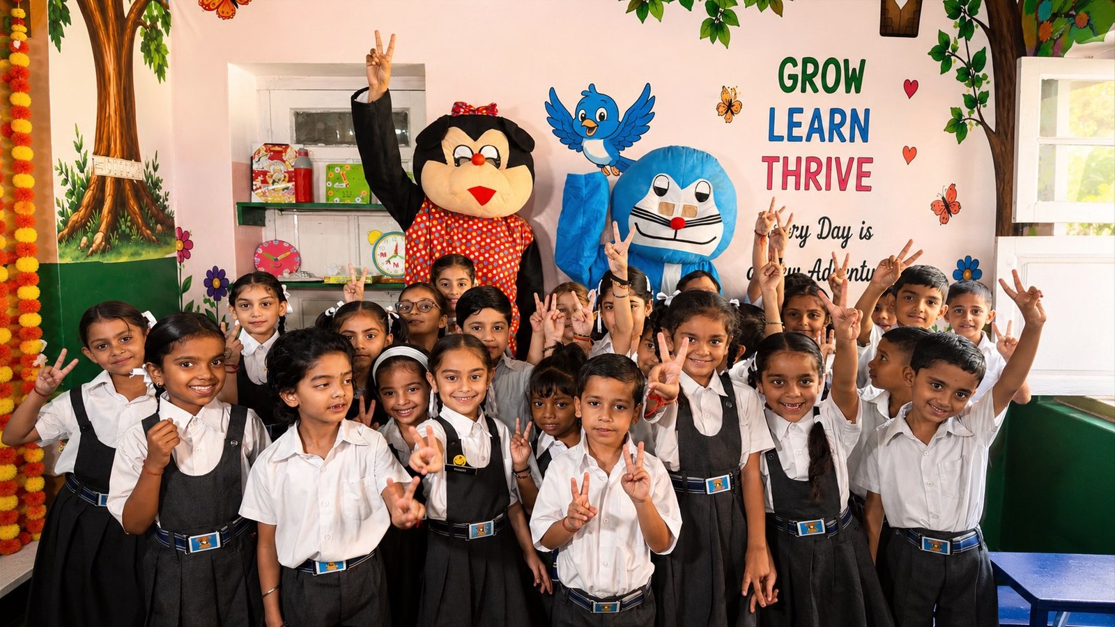 Junior-wing children in their classroom at Oriental Academy, Jammu, in front of the painted tree and the Grow Learn Thrive wall