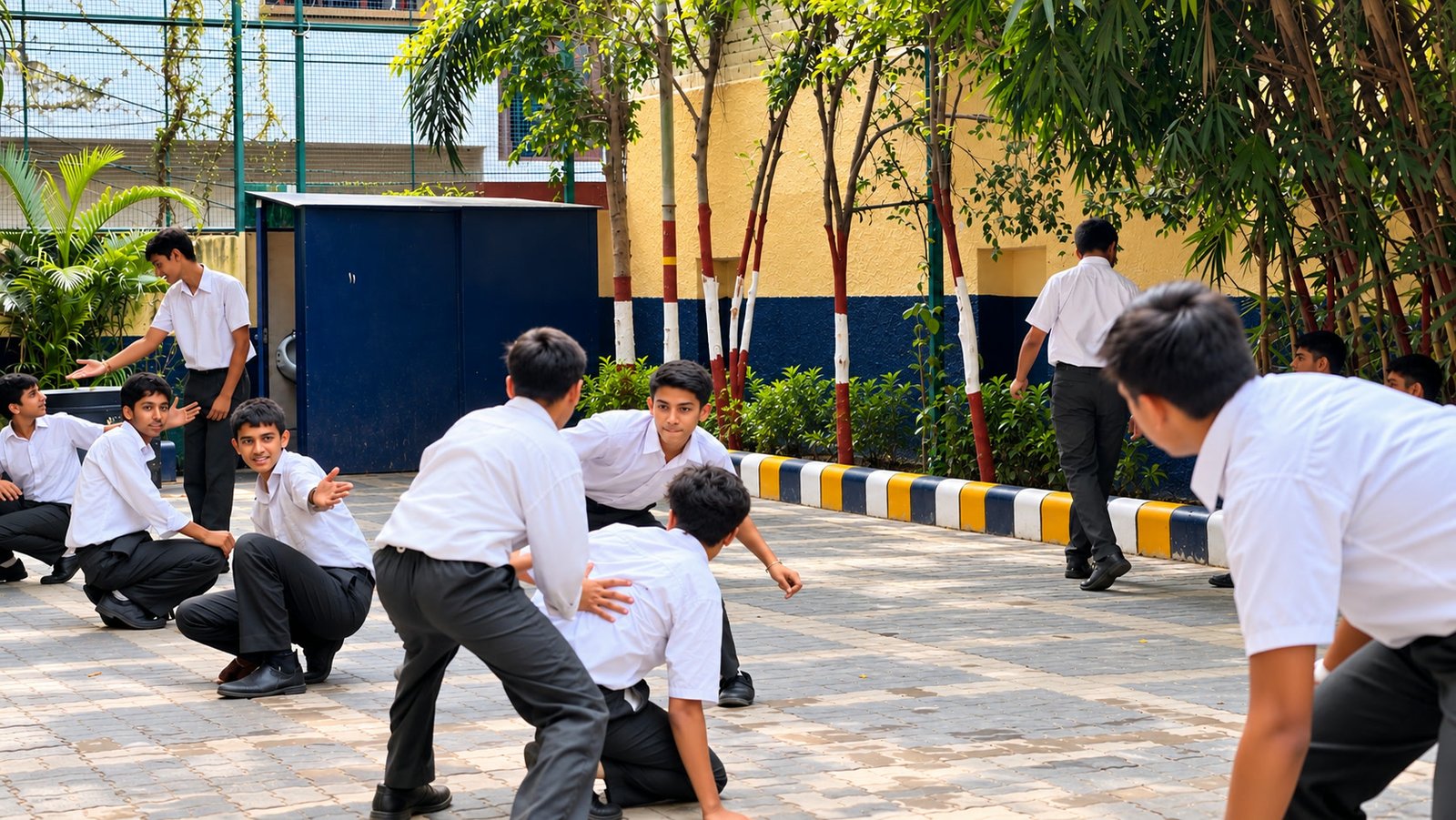 Senior boys in the middle of a game of kho-kho on the paved courtyard, the chasers crouched in a line