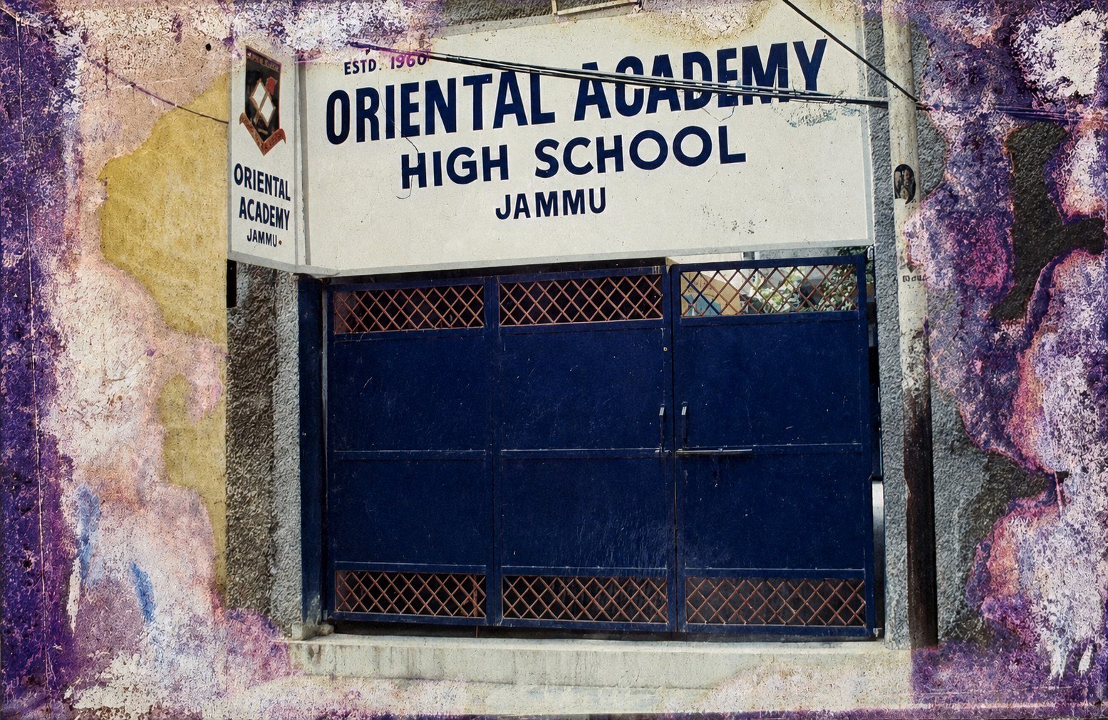 The original Oriental Academy High School gate on Afghan Street, under its &ldquo;Estd. 1960&rdquo; signboard