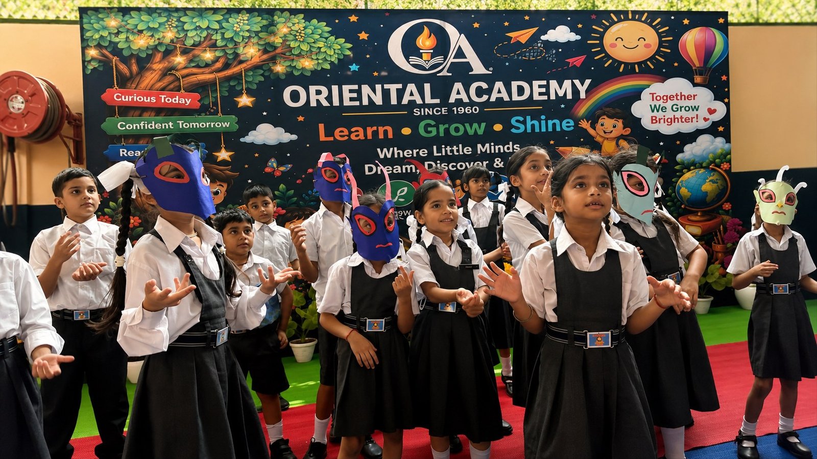Junior-wing children performing in handmade masks in front of the Oriental Academy backdrop