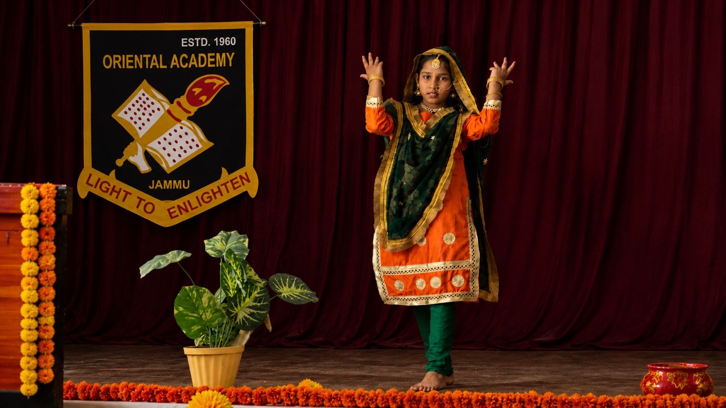 A girl in a folk costume dancing alone on the school stage, marigolds along its edge and the Oriental Academy crest hanging behind her
