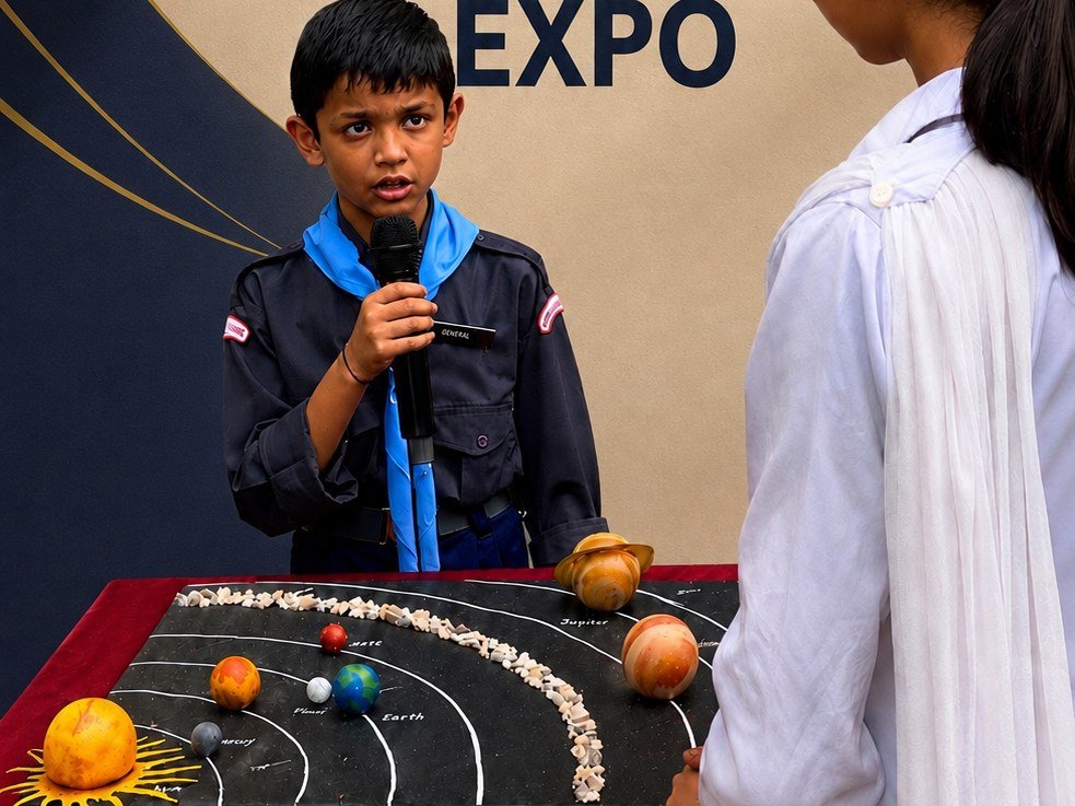 A Cub at the Oriental Academy Project Expo, microphone in hand, explaining the solar-system model he made