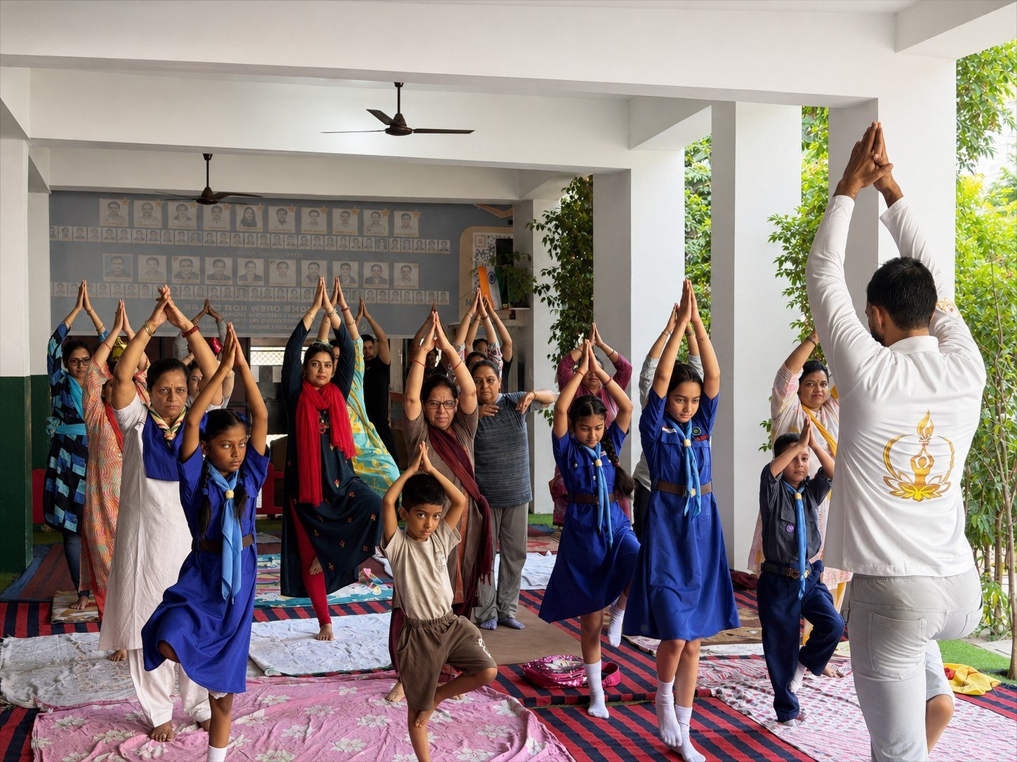 Students, Scouts and Guides and teachers in tree pose on International Yoga Day