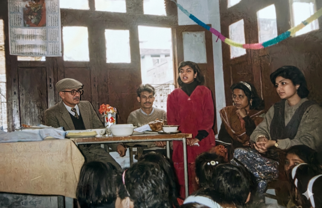 The founder seated with his earliest students in a decorated classroom
