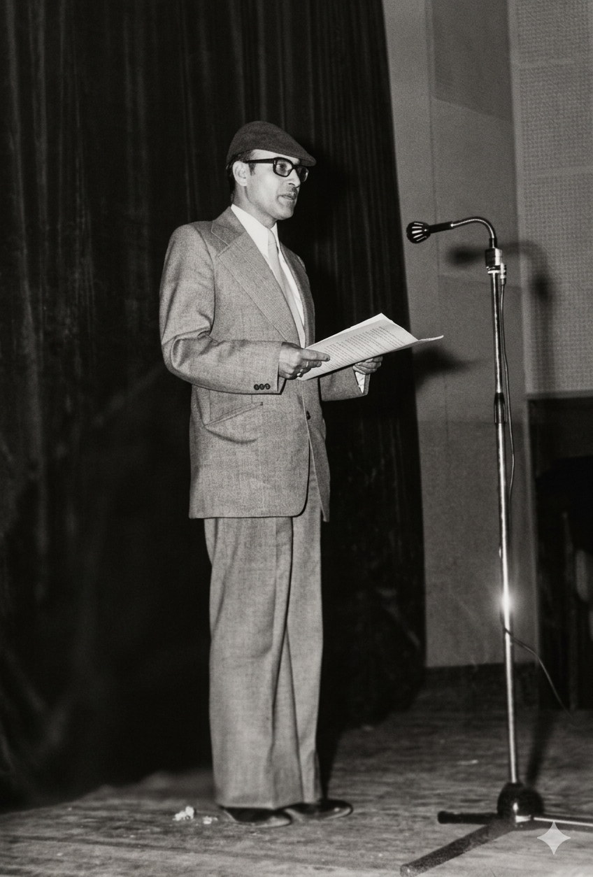 The young founder speaking at a microphone, in black and white