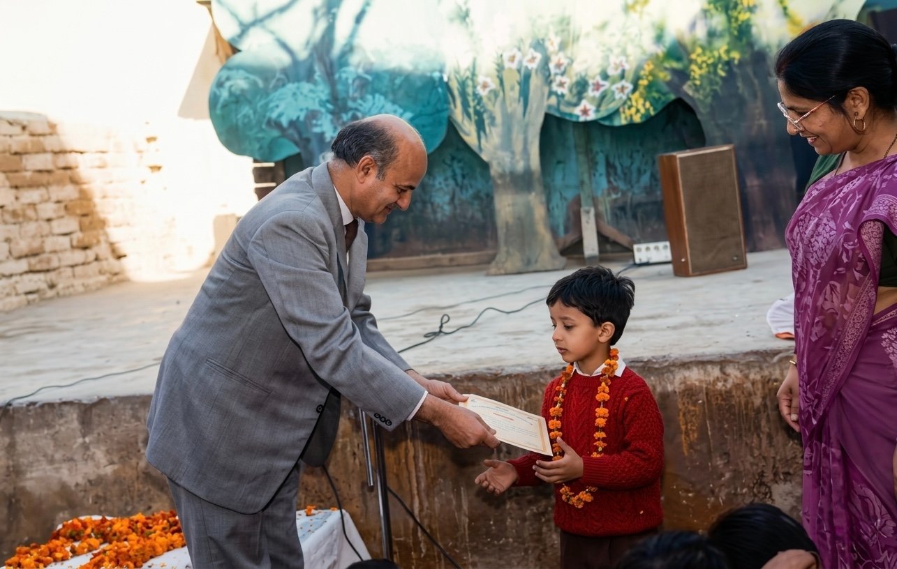The founder handing a certificate to a small child