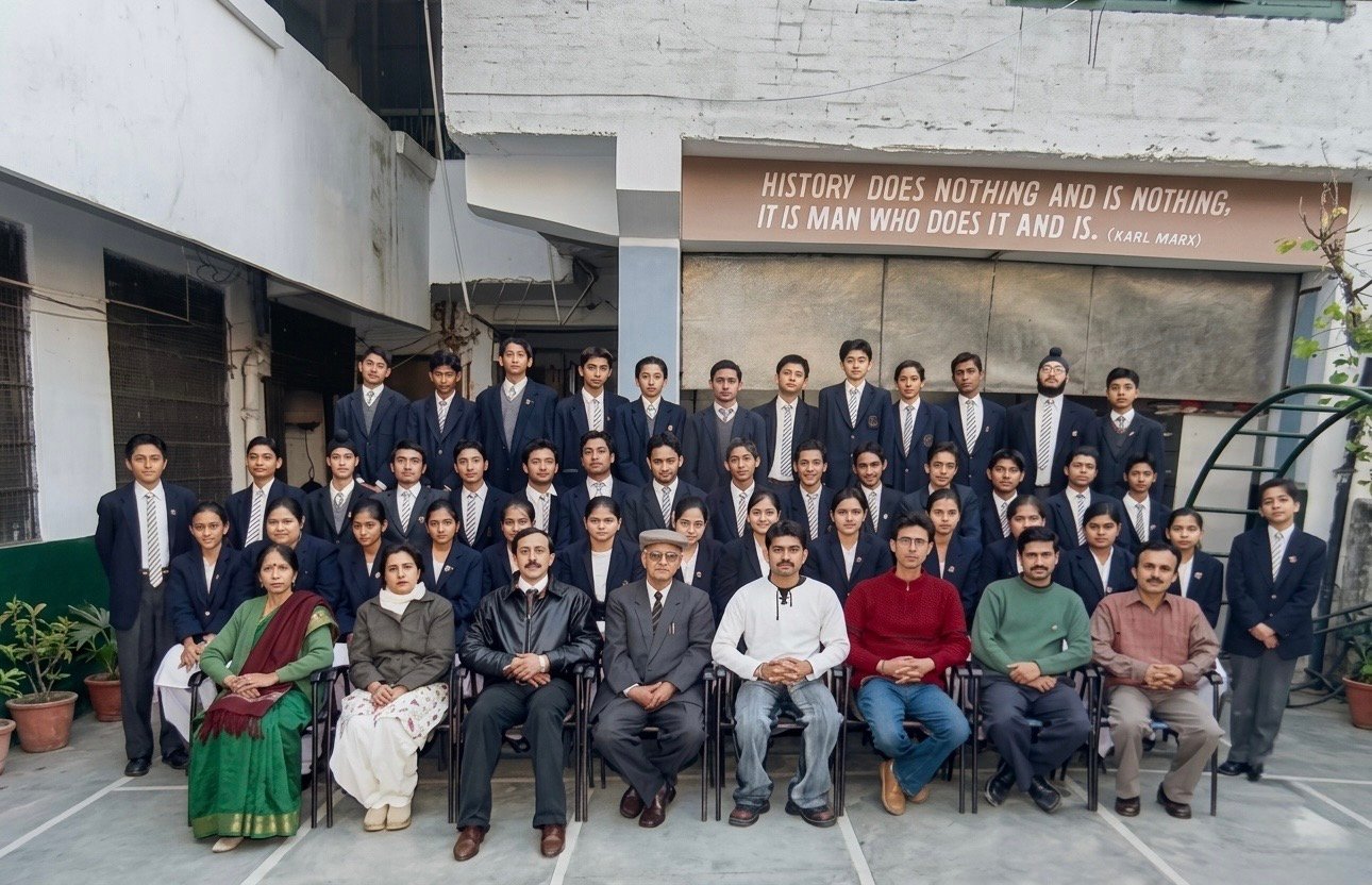 The founder and Principal Vivek Chauhan seated at the centre of a formal school group, beneath a wall quotation from Karl Marx
