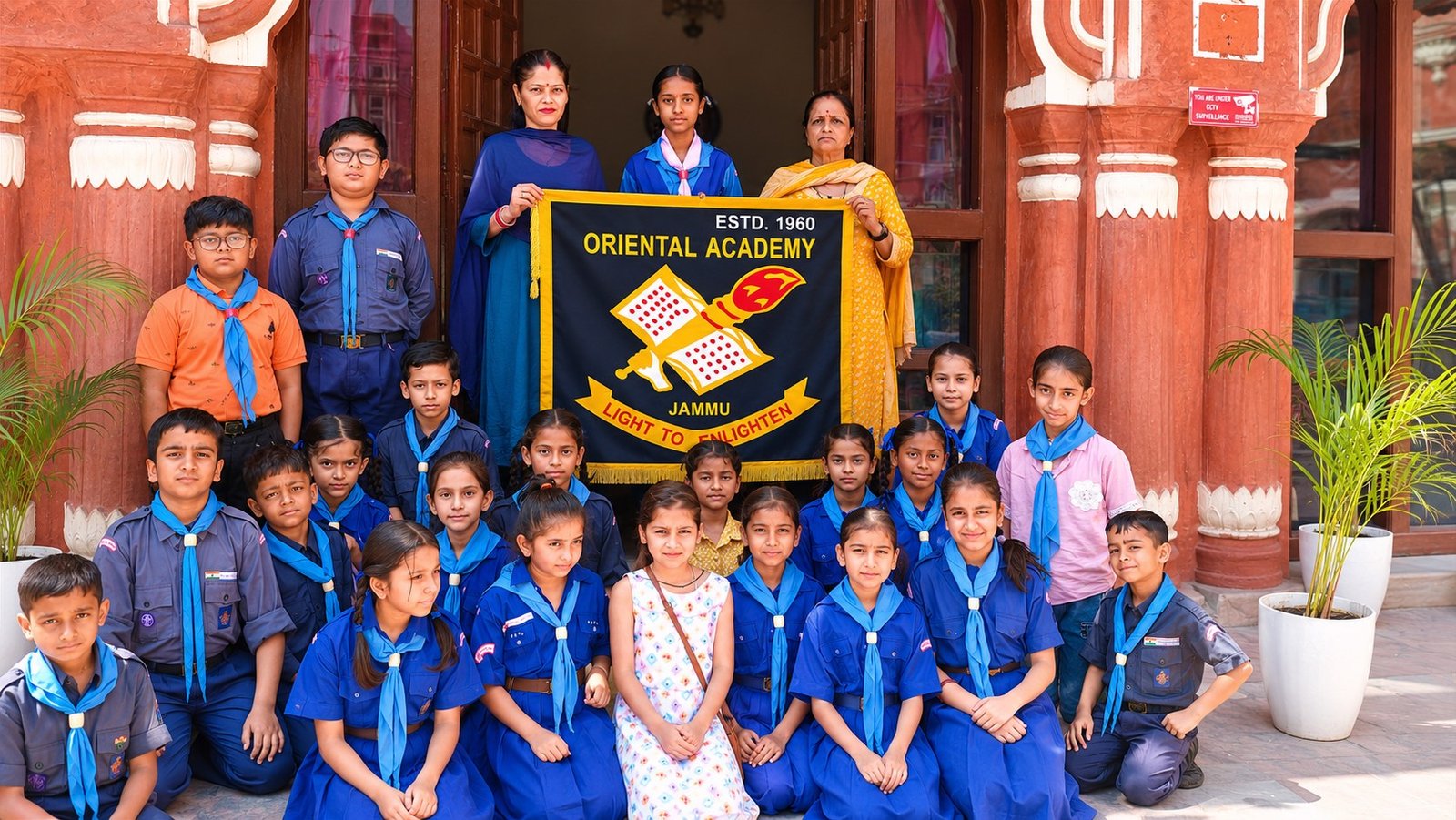 Scouts and Guides with the Oriental Academy banner